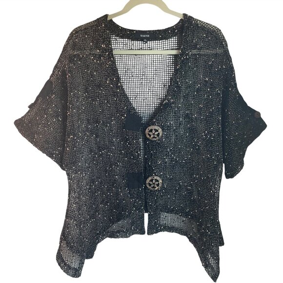 Kaktus XL Cardigan Tunic Top Black Mesh Open Knit Button Front Cotton Sheer - Picture 1 of 8